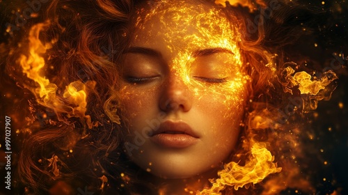 A captivating image of a serene female face illuminated by fiery patterns