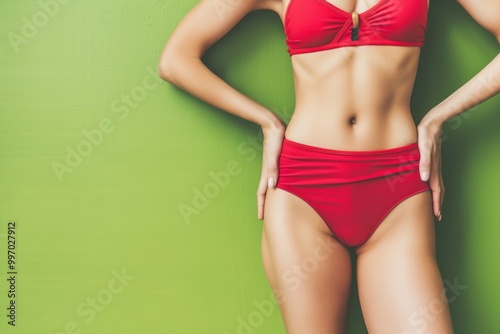 A close up of a woman toned midsection wearing a red bikini set, posed against a solid green background. The image emphasizes fitness and body aesthetics.