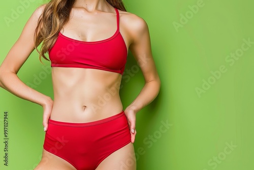 A close up of a womans toned midsection wearing a red bikini set, posed against a solid green background. The image emphasizes fitness and body aesthetics.