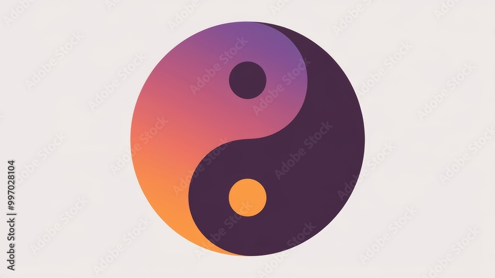 A modern, stylized yin-yang symbol featuring a gradient of purple and orange tones, representing harmony and balance.