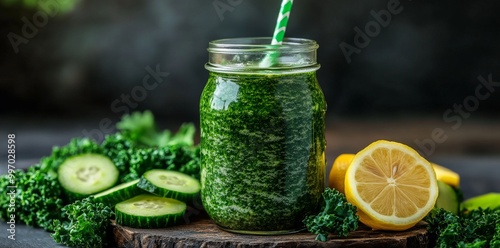 Drink recipe made with spinach, kale, cucumber, apple, mint, and lemon for a healthy detox photo