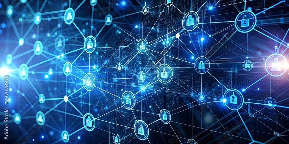 Blockchain Network Concept Big Data Visualization and Cybersecurity. Distributed Ledger Technology with Circles, Lines, and Particles Visualization Blockchain Network Concept Big Data Visualization and Cybersecurity. Distributed Ledger Technology with Circles, Lines, and Particles Visualization