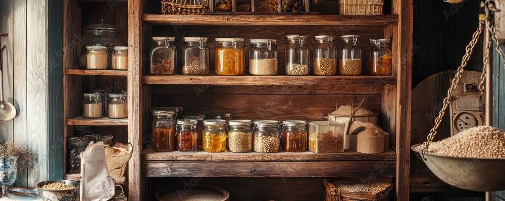 A detailed view of a farmhouse pantry, with open wooden shelves stocked with homemade preserves, grains in glass jars, and a vintage scale A detailed view of a farmhouse pantry, with open wooden shelves stocked with homemade preserves, grains in glass jars, and a vintage scale