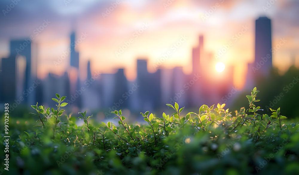Green Bush with Blurred City Skyline at Sunset Green Bush with Blurred City Skyline at Sunset
