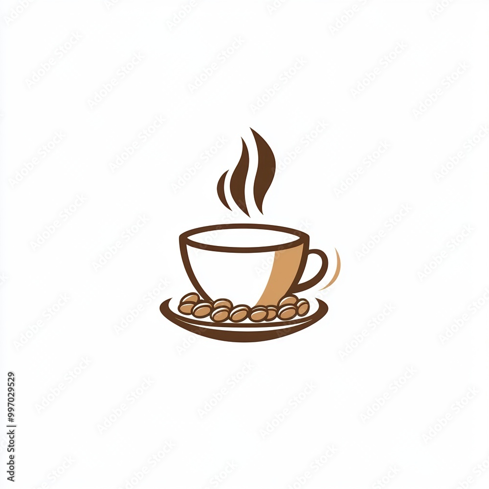 A minimalist logo design featuring a steaming coffee cup with coffee beans on a saucer, symbolizing warmth and simplicity in a clean and modern style
