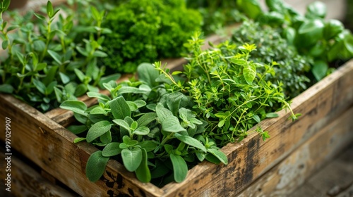 Fresh Herb Garden Growing in Wooden Planter Box