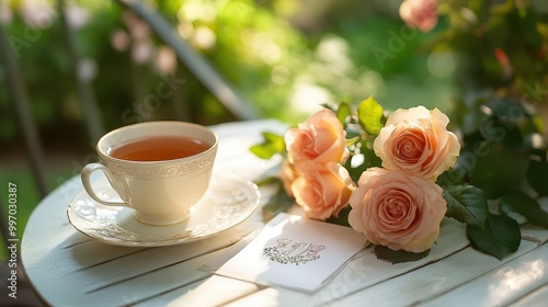 Serene Morning Tea Time in the Garden with Blooming Roses