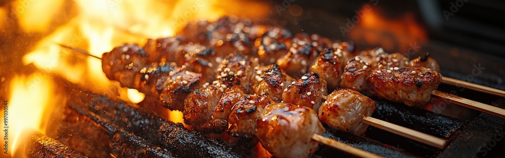 Skewers of delicious grilled meat roasting over charcoal on a smoky grill Skewers of delicious grilled meat roasting over charcoal on a smoky grill