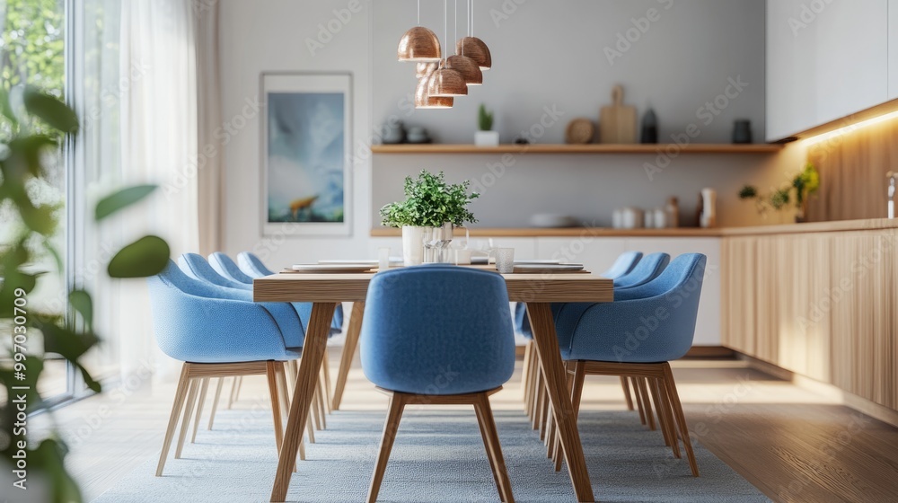 Stylish Scandinavian Dining Room: Blue Chairs, Wooden Table, Modern Decor Stylish Scandinavian Dining Room: Blue Chairs, Wooden Table, Modern Decor