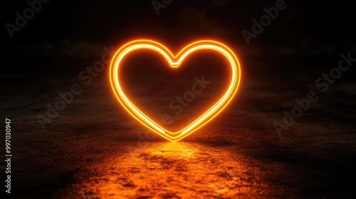 Neon Glow Heart Symbol on Dark Background. Three-Dimensional Render in Vibrant Orange and Yellow Colors