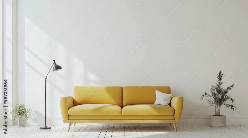 Obraz premium Modern Minimalist Living Room Interior Design with Bright Tones and White Background