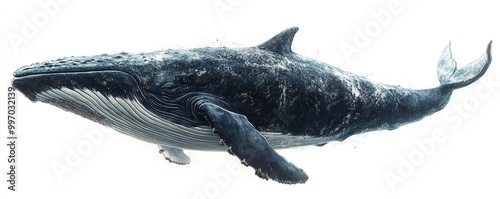 Majestic humpback whale swimming gracefully through the ocean, showcasing its massive size and beauty in a serene underwater environment. photo