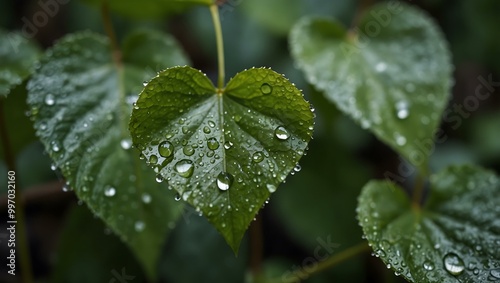 Water droplets on a heart-shaped leaf.