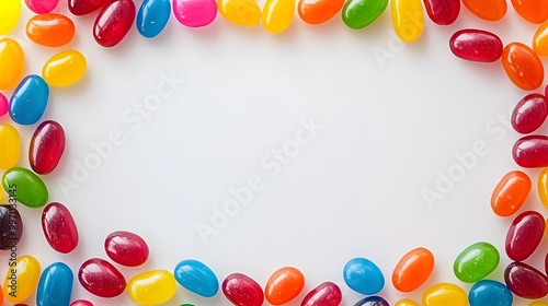 Colorful Jelly Beans Frame on White Background.