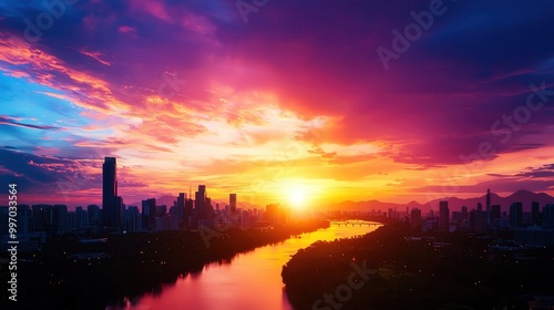 Stunning sunset over the city skyline, vibrant colors reflecting on the river, creating a breathtaking view.