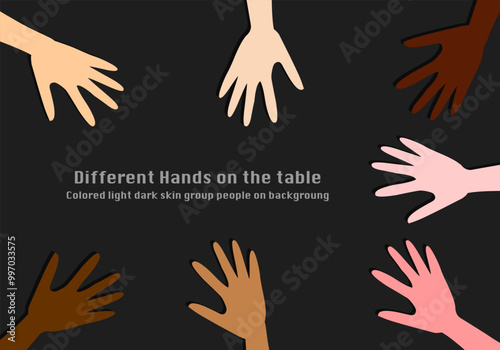 Colorful hands on dark ground, table. Unity, frendship partnership, crowd different hands, Ethnic people support teamwork partnership. Social movement. International person. Vector illustration photo