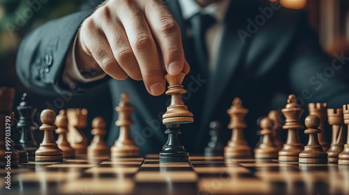 Wallpaper Mural A skilled player in a suit carefully making a strategic move in a chess game, showcasing focus and determination. Torontodigital.ca