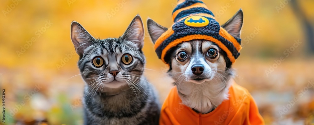 Adorable cat and dog dressed in Halloween costumes, surrounded by autumn leaves, perfect for seasonal pet-themed content. Adorable cat and dog dressed in Halloween costumes, surrounded by autumn leaves, perfect for seasonal pet-themed content.