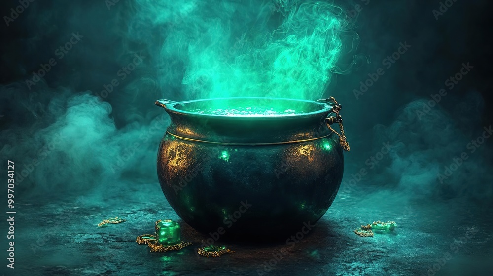 A mystic cauldron emits glowing green smoke, surrounded by magical gems, creating an enchanting atmosphere. A mystic cauldron emits glowing green smoke, surrounded by magical gems, creating an enchanting atmosphere.