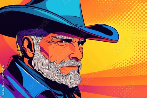 A retro-style portrait of an older man with a cowboy hat and beard, featuring vibrant colors and pop art elements. photo