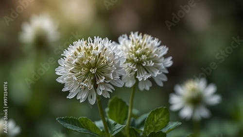 White clover blossom against a blurred background.