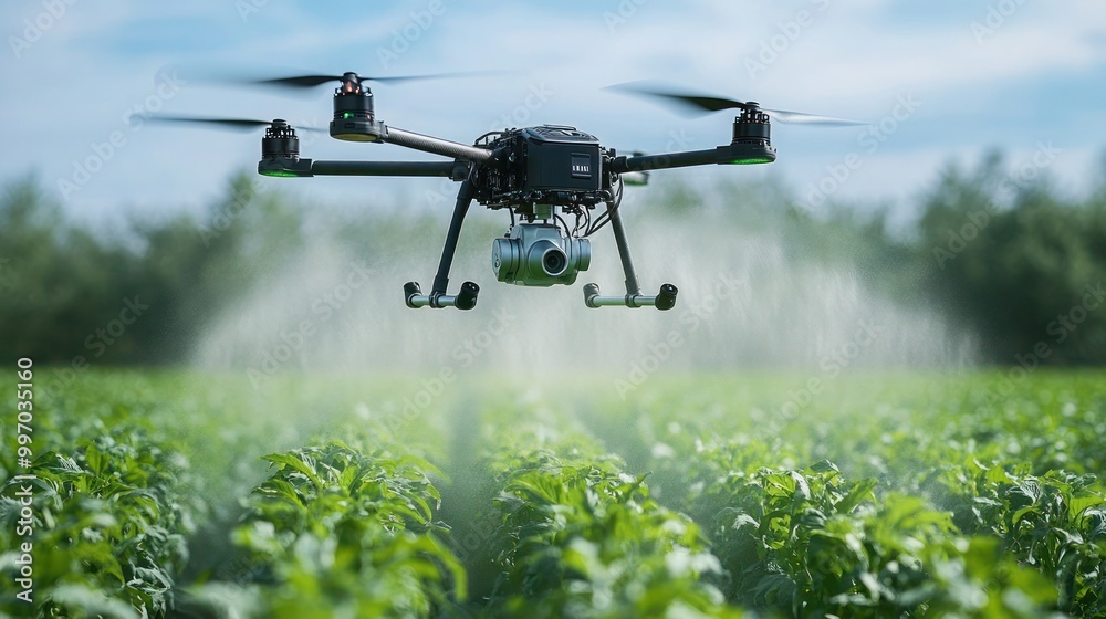Drone spraying fertilizer on vegetable green plants, Drone flying and spraying fertilizer on the agriculture fields, Agriculture technology. Drone spraying fertilizer on vegetable green plants, Drone flying and spraying fertilizer on the agriculture fields, Agriculture technology.
