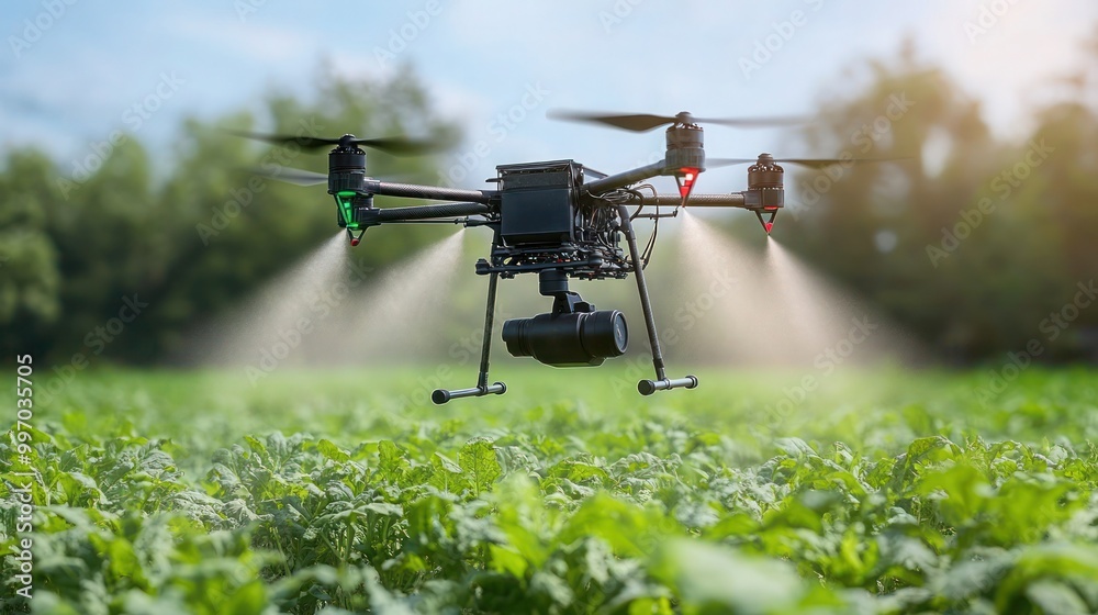 Drone spraying fertilizer on vegetable green plants, Drone flying and spraying fertilizer on the agriculture fields, Agriculture technology. Drone spraying fertilizer on vegetable green plants, Drone flying and spraying fertilizer on the agriculture fields, Agriculture technology.