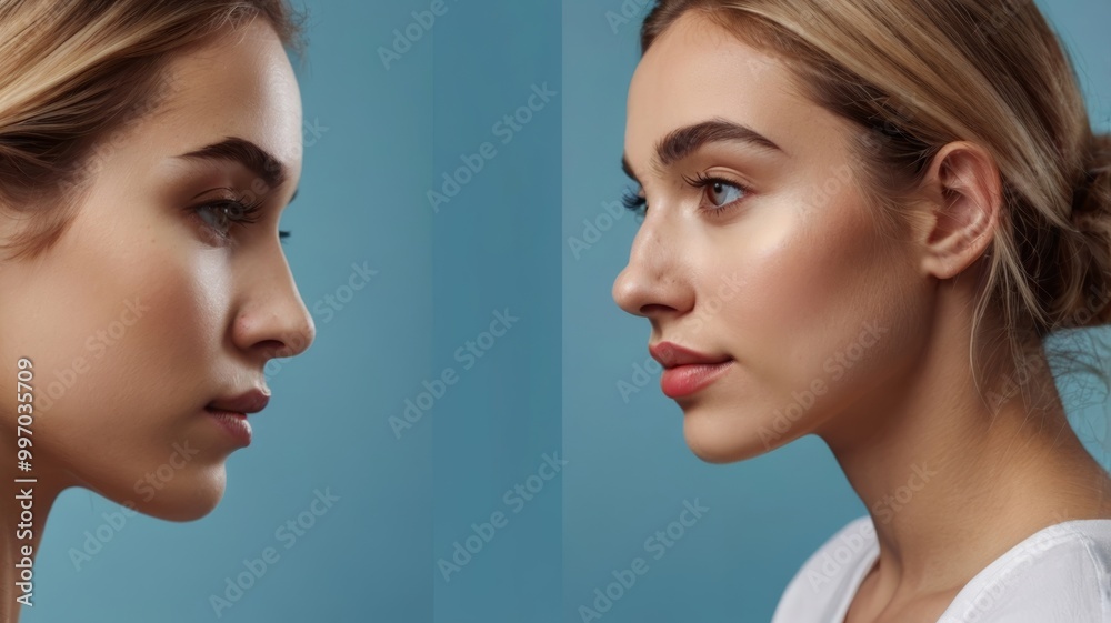 Beautiful woman showing before and after makeup application transformation Beautiful woman showing before and after makeup application transformation