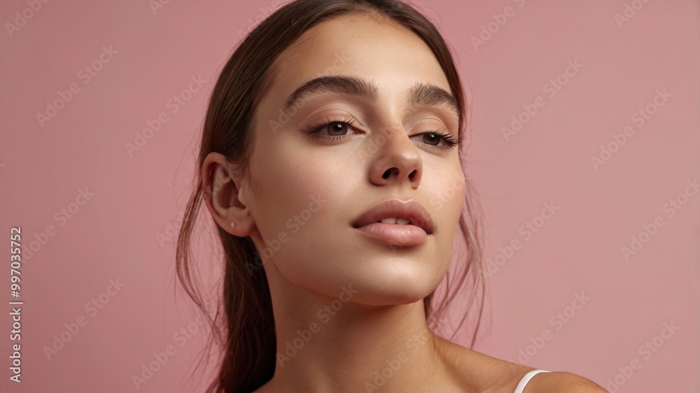 Attractive young woman with clean skin posing on pink background Attractive young woman with clean skin posing on pink background