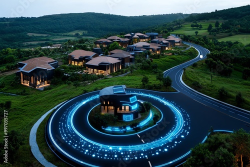 Futuristic digital layout of Batalha town, where historic architecture is seamlessly combined with advanced eco-friendly technology and smart roads