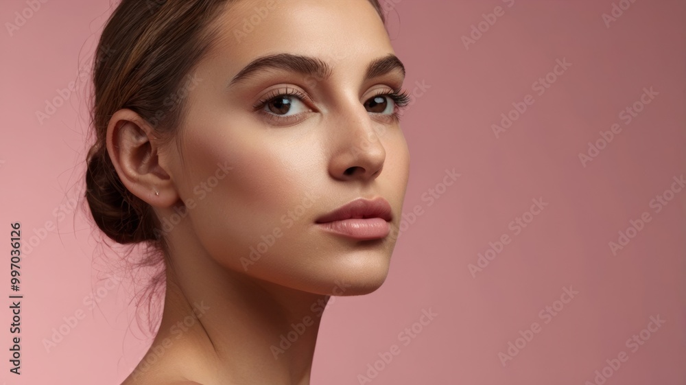 Beautiful young woman with perfect skin posing on pink background Beautiful young woman with perfect skin posing on pink background