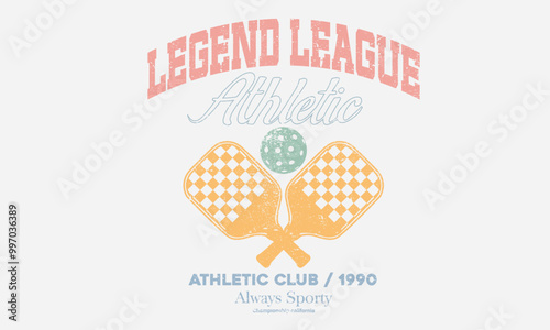 Vintage artwork for sportswear. Pickleball club vector t-shirt design. California Pickleball league graphic print design. Sport logo. College font. Racket tournament. Tennis college league.
