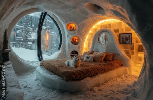 Unique ice hotel room shaped like a helmet with soft lighting and a wolf head on the bed amid heavy snowfall photo