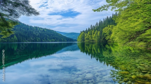 Water flowing in a symmetrical composition across a mountain river reflecting trees and mountains in the background