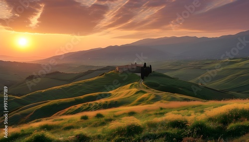 Breathtaking Aerial View of Irpinias Campania Countryside at Sunset Over Nusco Valley, Avellino, Italy photo