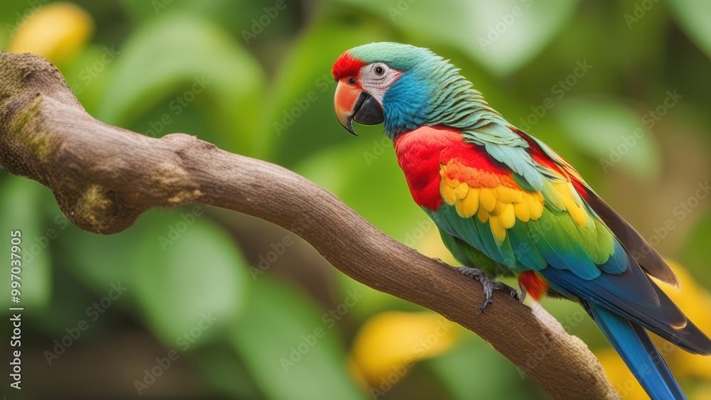 A vibrant parrot perches on a tree branch surrounded by blurred green foliage. A vibrant parrot perches on a tree branch surrounded by blurred green foliage.