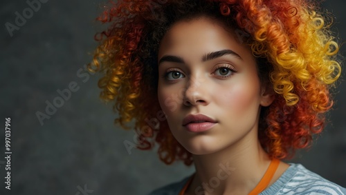 Woman with colorful afro and curly hair.