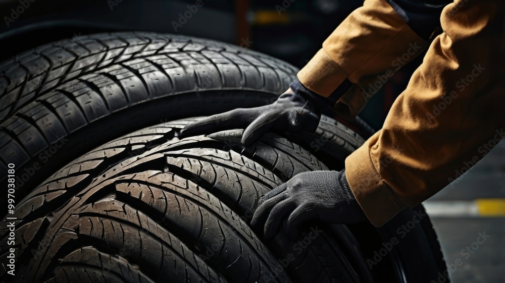 Fototapeta premium mechanic hands holding a new car tire at the shop, isolated on a black background, Replacement of winter and summer tires.