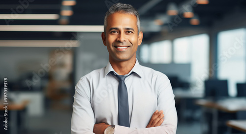 Portrait confident happy smiling Hispanic businessman standing in the office and looking at camera