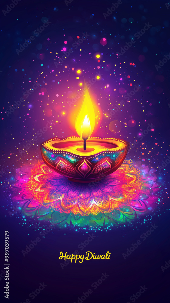 Illustration of Diwali festival Diya Lamp with rangoli at the bottom, vibrant colors, text Illustration of Diwali festival Diya Lamp with rangoli at the bottom, vibrant colors, text