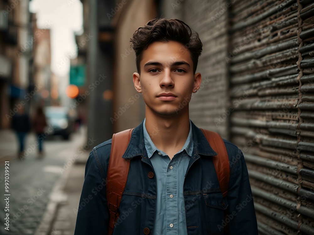 Young man’s street portrait with an urban background. Young man’s street portrait with an urban background.