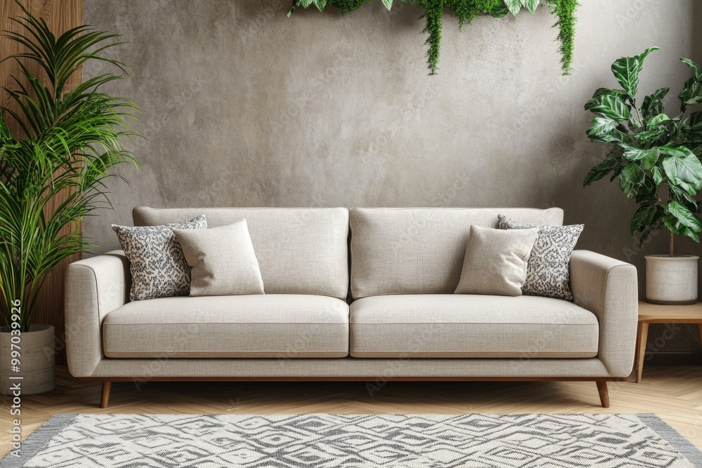 Fototapeta premium Modern Living Room Interior Design with Sofa and Warm Earthy Tones
