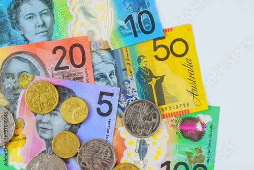 Banknote is money cash denominated in AUD Australian dollars, coin is at Australian National Bank