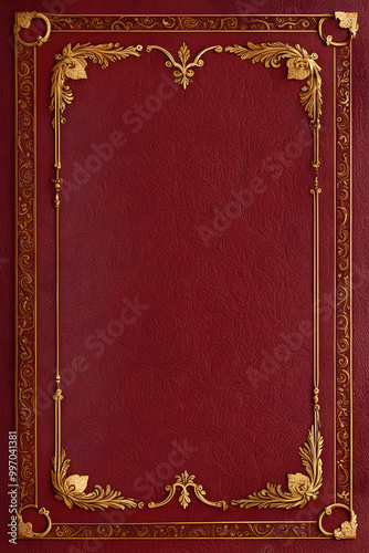 Capa de livro antigo em couro  vermelho com dourado, livro vintage medieval.