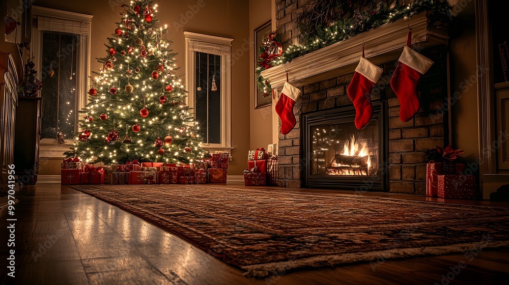 A Christmas tree with presents underneath, a fireplace in the background, red Christmas stockings on the fireplace