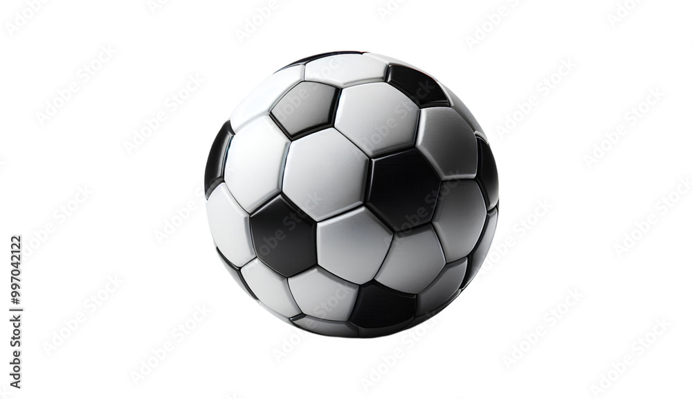 Fototapeta premium Classic black and white soccer ball with hexagonal and pentagonal patterns, isolated on a clean white background, symbolizing the global sport of football.