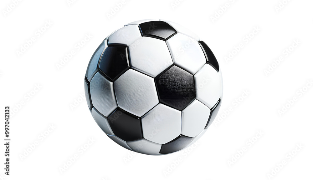 Fototapeta premium Classic black and white soccer ball with hexagonal and pentagonal patterns, isolated on a clean white background, symbolizing the global sport of football.