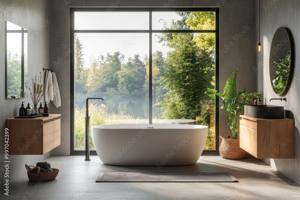 Fototapeta premium Modern Countryside Bathroom with Panoramic Window and Elegant Design