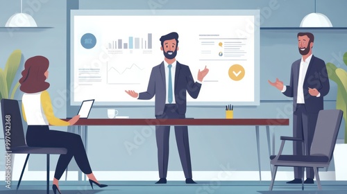 A 2D flat style illustration of an executive character delivering a business presentation in a professional setting, with a focus on simplicity and leadership qualities.