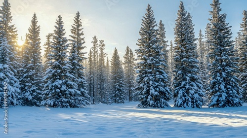 A serene forest scene featuring tall pine trees blanketed in snow, creating a tranquil winter atmosphere. This picturesque backdrop is ideal for winter or holiday-themed projects